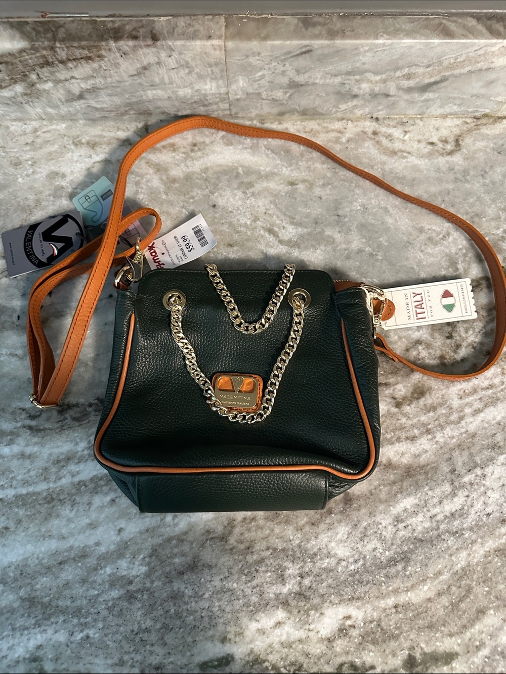 Italian Valentina Dark Green Leather Crossbody Bag with Tan Trim Gold Chain NWT